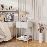 White Nightstands Set of 2 with Fabric Drawers