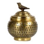 Brass Hammered Metal Container with Bird Finial
