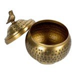 Brass Hammered Metal Container with Bird Finial