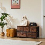 Rustic Brown 5-Drawer Fabric Dresser for Storage