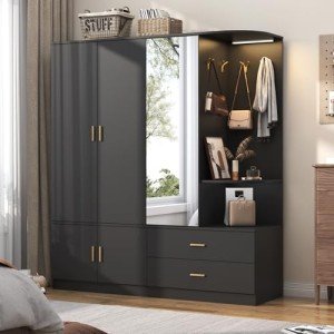 Modern Black Wardrobe Closet with Mirror & Lights