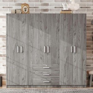Spacious 6-Door Gray Wardrobe Closet Armoire