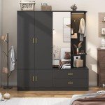 Modern Black Wardrobe Closet with Mirror & Lights