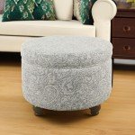 Gray Floral Upholstered Round Storage Ottoman
