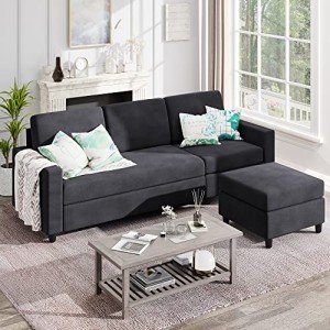 Modern Black Convertible Sectional Sofa with Ottoman