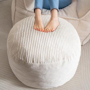 Beige Corduroy Round Stuffed Pouf Ottoman