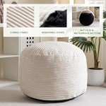 Beige Corduroy Round Stuffed Pouf Ottoman