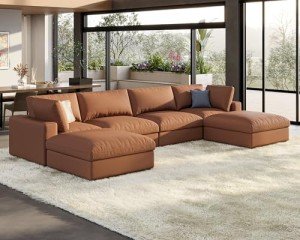 Brown Modular U-Shaped Sectional Sofa with Ottoman