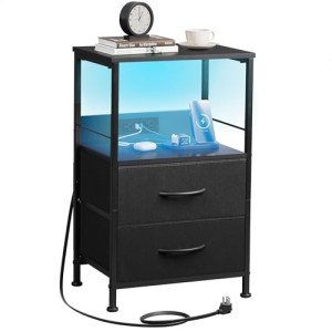 Black Nightstand with Charger and 2 Drawers