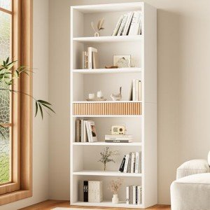 72" Tall 7-Tier Bookshelf with Drawer, White