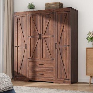 Brown Farmhouse 4-Door Wardrobe with Drawers