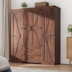 Brown Farmhouse 4-Door Wardrobe with Drawers