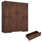 Brown Farmhouse 4-Door Wardrobe with Drawers