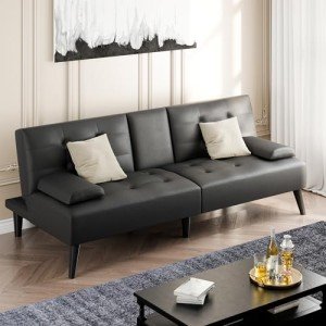 Shintenchi Black Leather Futon Sofa Bed Couch