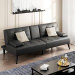 Shintenchi Black Leather Futon Sofa Bed Couch