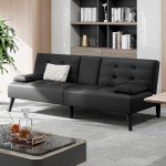 Shintenchi Black Leather Futon Sofa Bed Couch