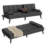 Shintenchi Black Leather Futon Sofa Bed Couch