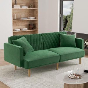 Green Velvet Mid-Century Modern Futon Sofa Bed