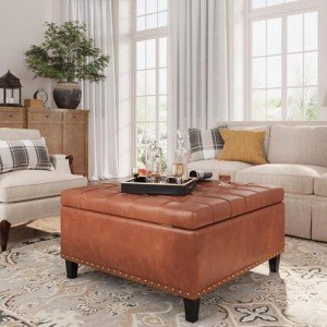 Brown Square Leather Ottoman with Hidden Storage