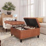 Brown Square Leather Ottoman with Hidden Storage