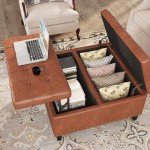 Brown Square Leather Ottoman with Hidden Storage