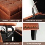 Brown Square Leather Ottoman with Hidden Storage