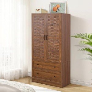 Walnut Armoire Wardrobe with Woven Doors and Drawers