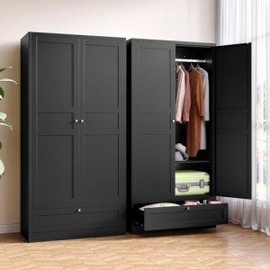Modern Black Metal Wardrobe Armoire with Drawers