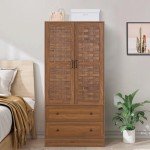 Walnut Armoire Wardrobe with Woven Doors and Drawers