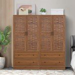Walnut Armoire Wardrobe with Woven Doors and Drawers