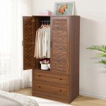 Walnut Armoire Wardrobe with Woven Doors and Drawers