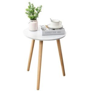 White Round Side Table with Natural Wood Legs