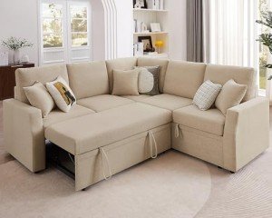 Beige Reversible L-Shaped Sleeper Sofa with Storage