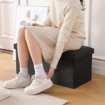 Black Foldable Storage Ottoman Bench with Lid