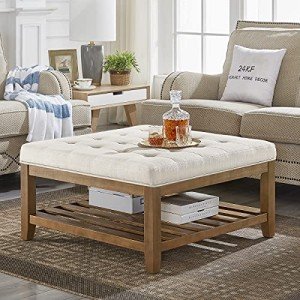 Large Ivory Upholstered Tufted Ottoman Coffee Table