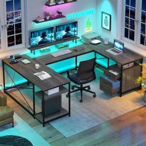 YITAHOME Reversible U Shaped Desk with Power Outlets