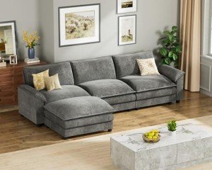 L-Shaped Modular Sectional Sofa with Ottoman - Grey