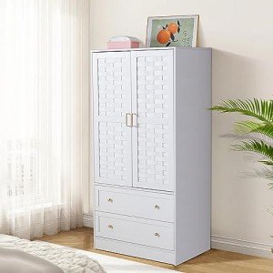 White Woven Door Wardrobe Closet with Drawers