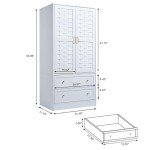 White Woven Door Wardrobe Closet with Drawers