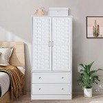 White Woven Door Wardrobe Closet with Drawers