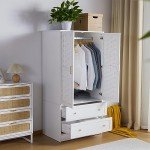 White Woven Door Wardrobe Closet with Drawers