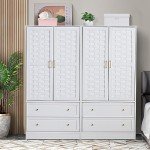 White Woven Door Wardrobe Closet with Drawers