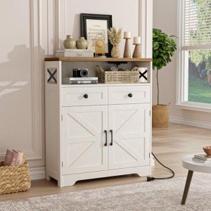 White Farmhouse Storage Cabinet with Doors & Drawers