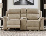 Beige Power Reclining Loveseat with Console & Headrest