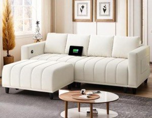 Beige L-Shaped Velvet Sectional Sofa with Ottoman