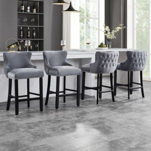 Set of 4 Grey Velvet Tufted Bar Stools