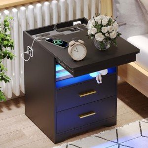 Modern Black Night Stand with Gun Drawer & USB Ports