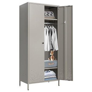 YEEZER Gray Metal Wardrobe Cabinet with Hanging Rod