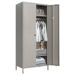 YEEZER Gray Metal Wardrobe Cabinet with Hanging Rod