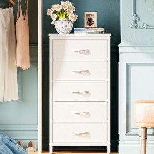 Stylish 5-Drawer Tall Dresser with Fabric Bins